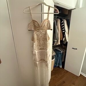 ASOS Cream Strapless Dress with Fringe Detail